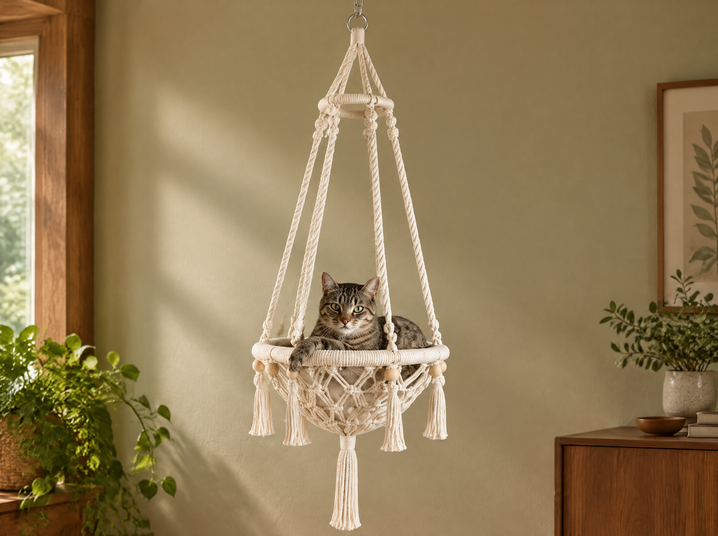 White macramé Hanging Basket suspended from a ceiling hook with a cat inside