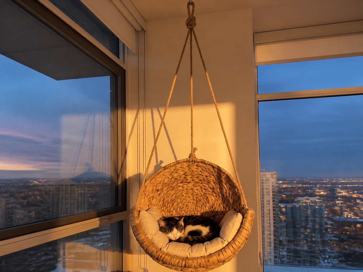 FelineSupply signature cat chair hanging by rope near a window